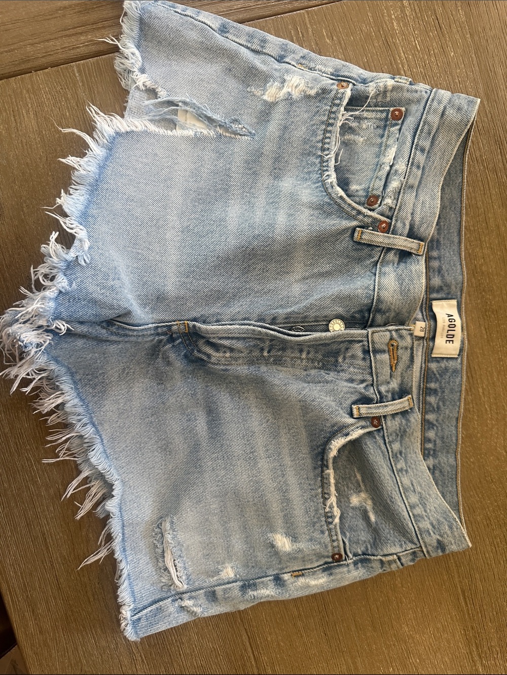 Agolde Light Wash Frayed Hem Distressed Denim Shorts